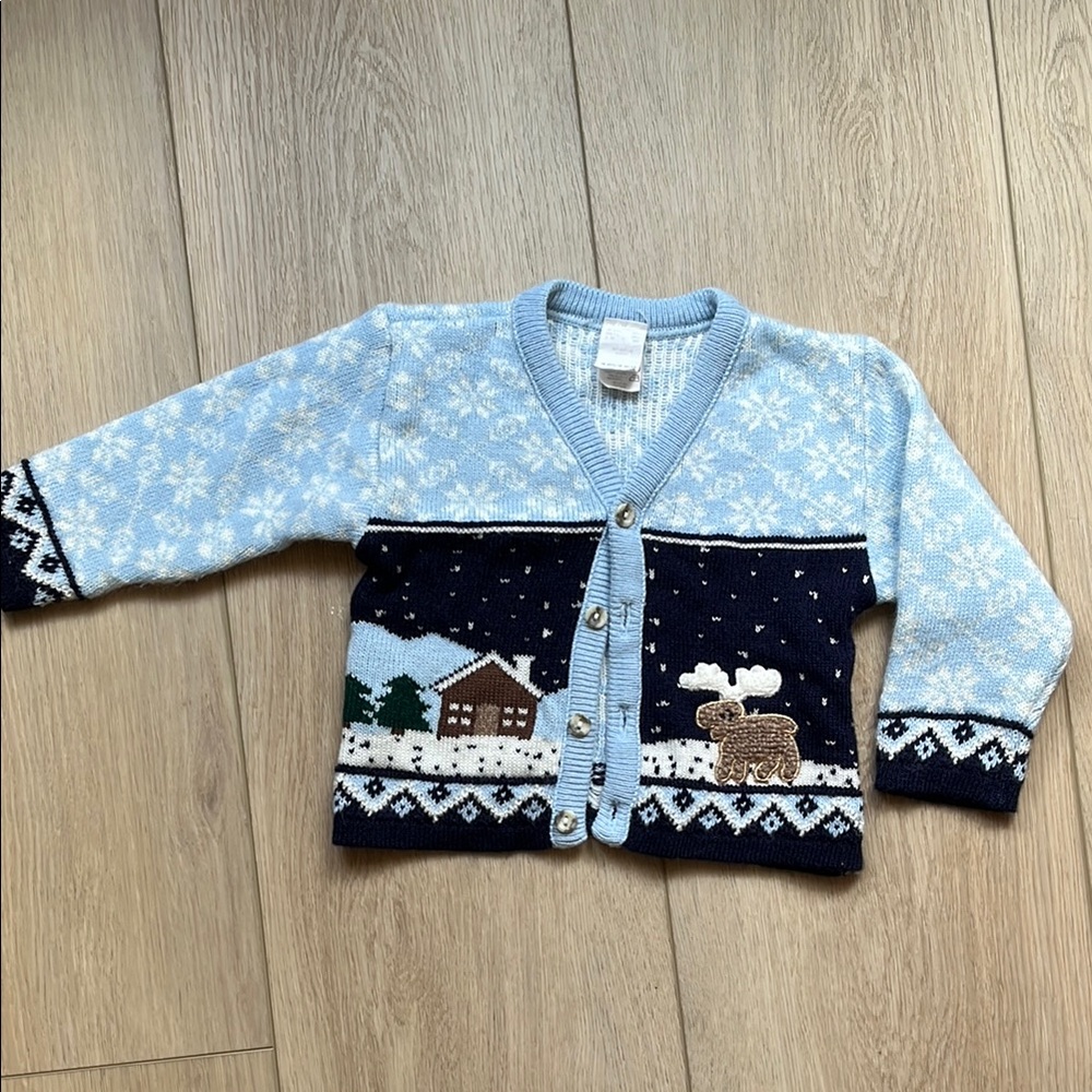 Vintage Knitted Cardigan Sweater Button Down Blue Snowflakes With Moose 18 M